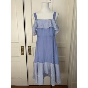 J. Crew Silk Striped Cold Shoulder Midi Dress Womens Size 6 Blue White Classic